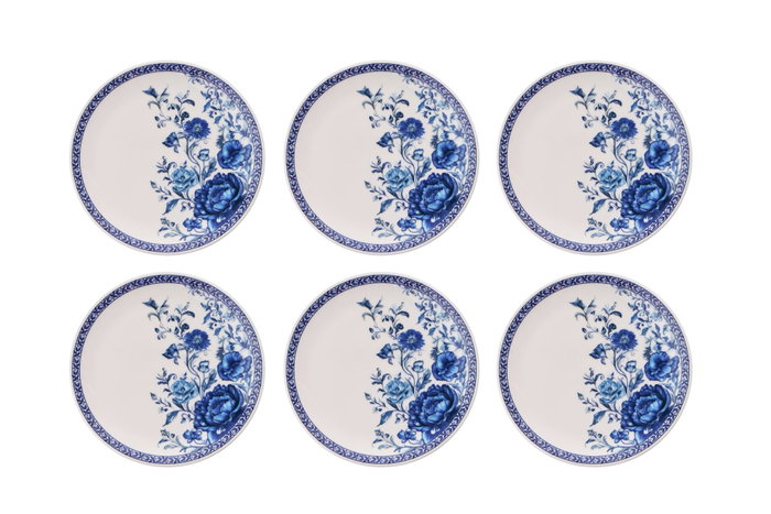 Hermia Juego de Platos para Postre, Porcelana, Azul y Blanco, 6 Piezas, 19.3 x 19.3 x 2 cm